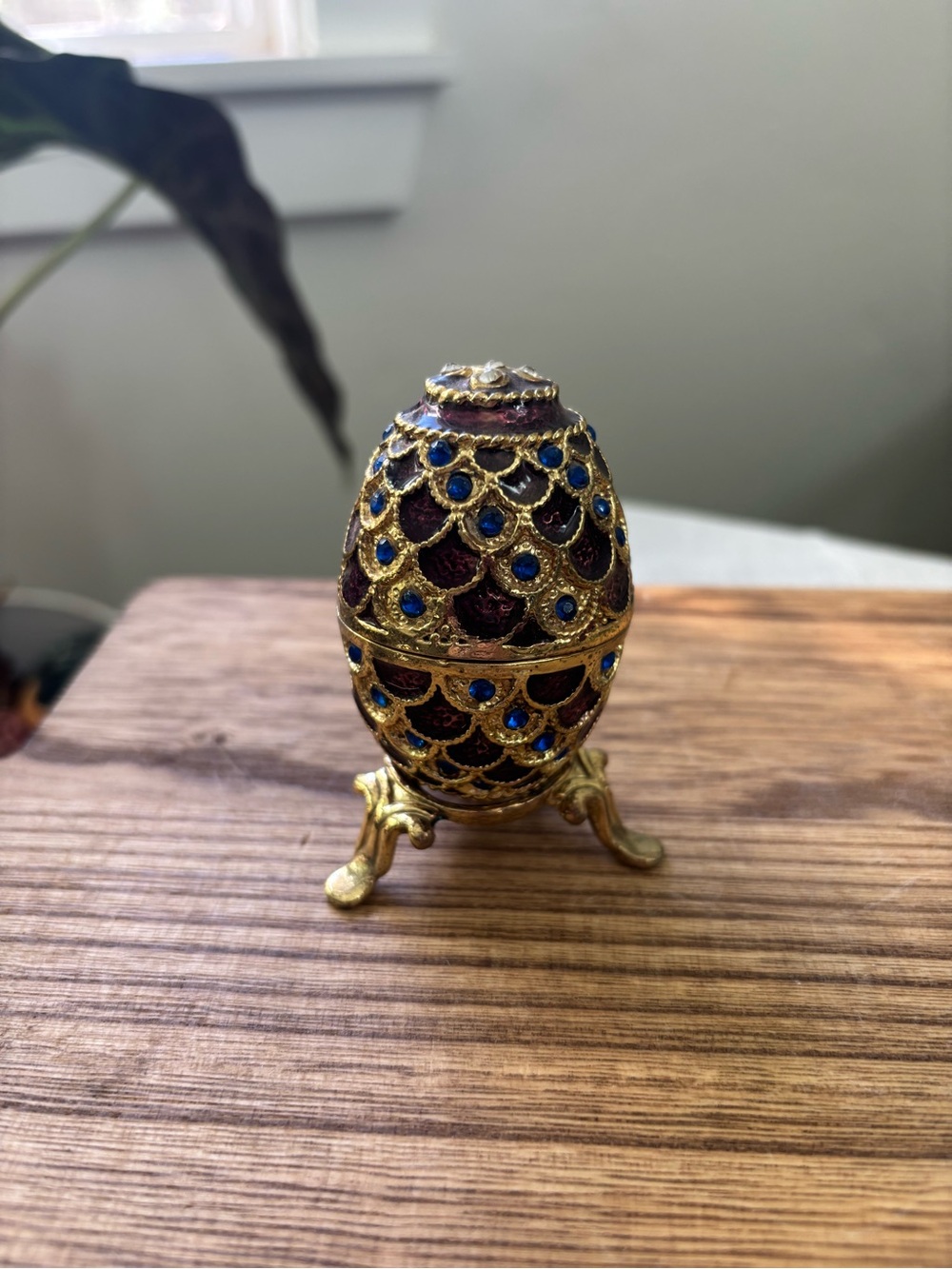 Decorative Gold-Tone Jeweled Egg Trinket Box - Red and Blue